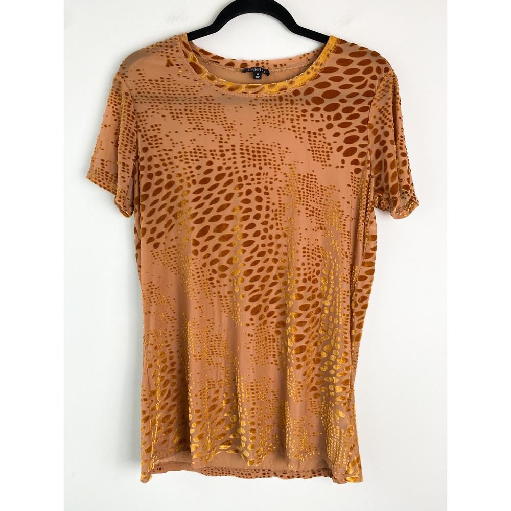 Hannah Womens Velvet Burnout Stretchy Tee M Orange Abstract Print‎ Sheer Grunge